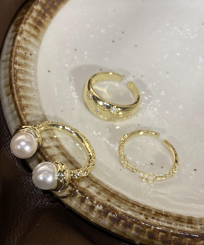 Chic Gold Alloy Zircon Pearl Star Floral Rings Three Piece Set