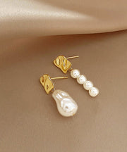 Chic Gold Copper Alloy Asymmetric Pearl Drop Earrings