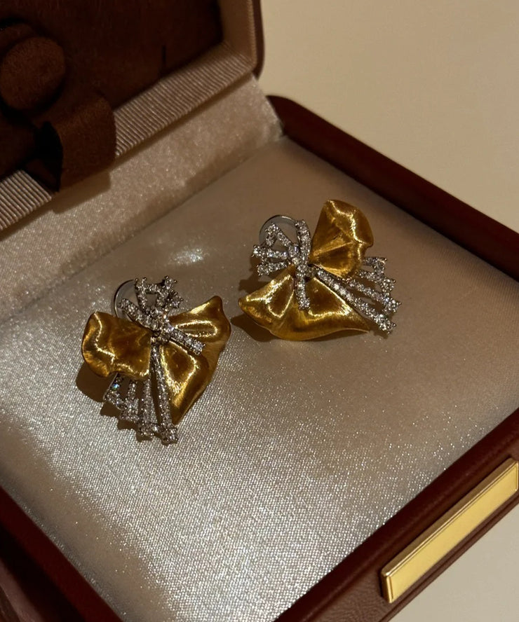 Chic Gold Copper Zircon Asymmetrical Bow Stud Earrings