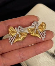 Chic Gold Copper Zircon Asymmetrical Bow Stud Earrings