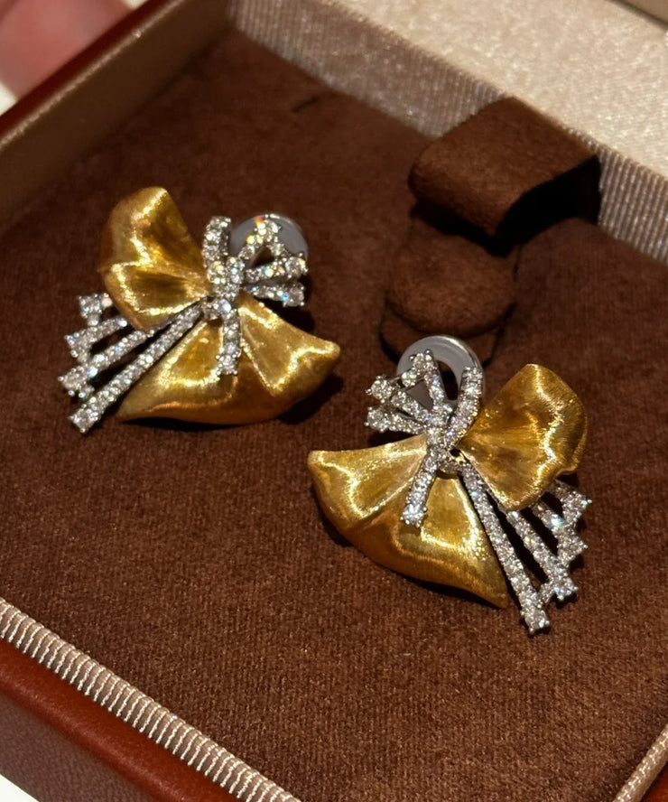 Chic Gold Copper Zircon Asymmetrical Bow Stud Earrings