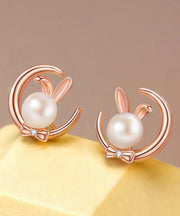 Chic Gold Cute Rabbit Pearl S925 Silver Stud Earrings