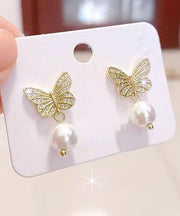 Chic Gold Silver Overgild Pearl Butterfly Stud Earrings