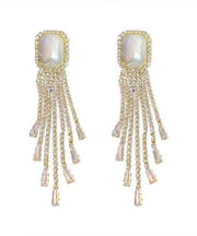 Chic Gold Sterling Silver Alloy Zircon Pearl Tassel Drop Earrings