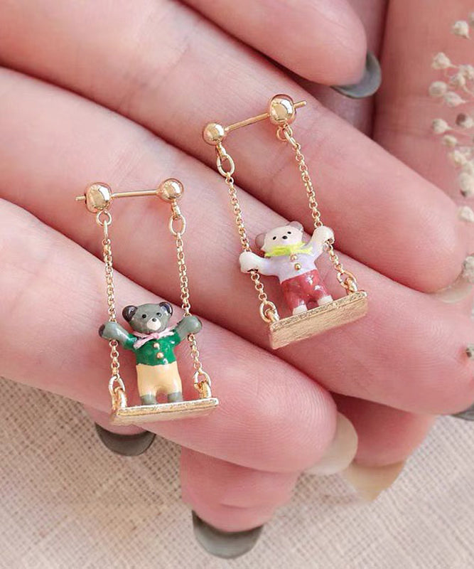 Chic Gold Sterling Silver Overgild Asymmetric Teddy Bear Swinging On A Swing Drop Earrings