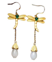 Chic Gold Sterling Silver Overgild Inlaid Jade Tassel Dragonfly Drop Earrings