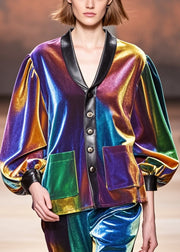 Chic Gradient Color Peter Pan Collar Patchwork Silk Velvet Jackets Spring