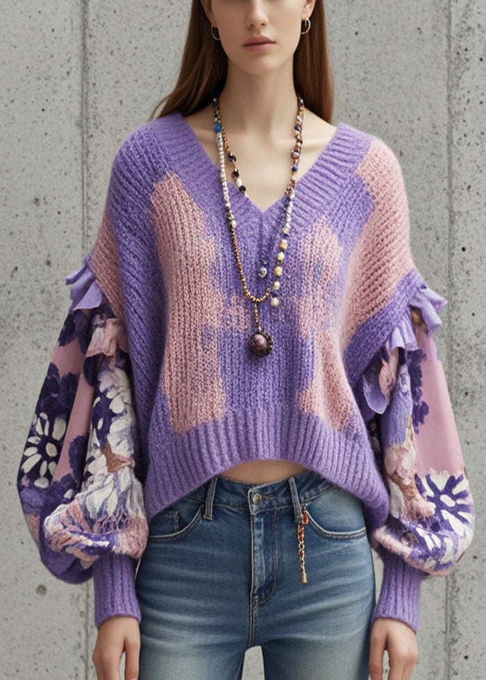 Chic Gradient Purple V Neck Patchwork Sweater Tops Lantern Sleeve