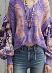 Chic Gradient Purple V Neck Patchwork Sweater Tops Lantern Sleeve