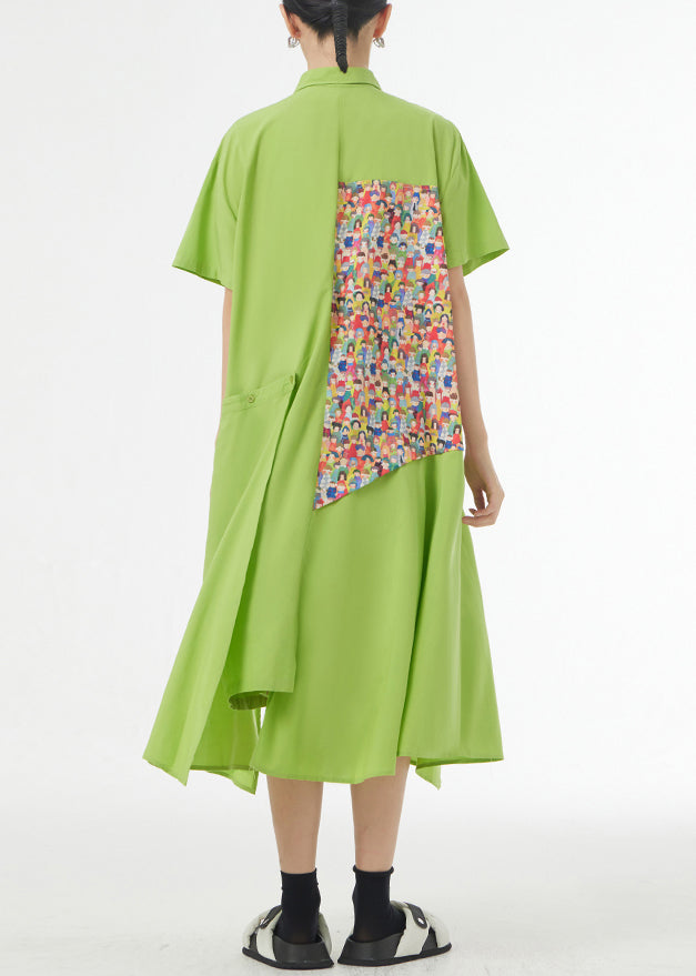 Chic Grass Green Asymmetrical Button Patchwork Silk Cotton Shirts Dress Summer