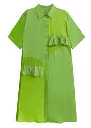 Chic Grass Green Ruffled Button Patchwork Cotton Shirts Dress Summer