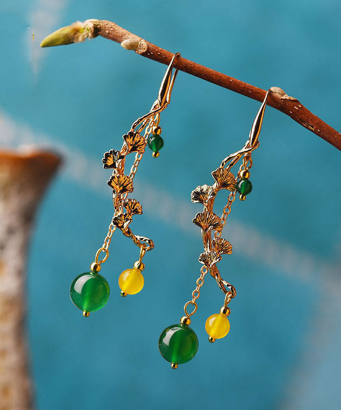 Chic Green Agate The flowering Branches Shake To Give Notice 14K Gold Drop Earrings