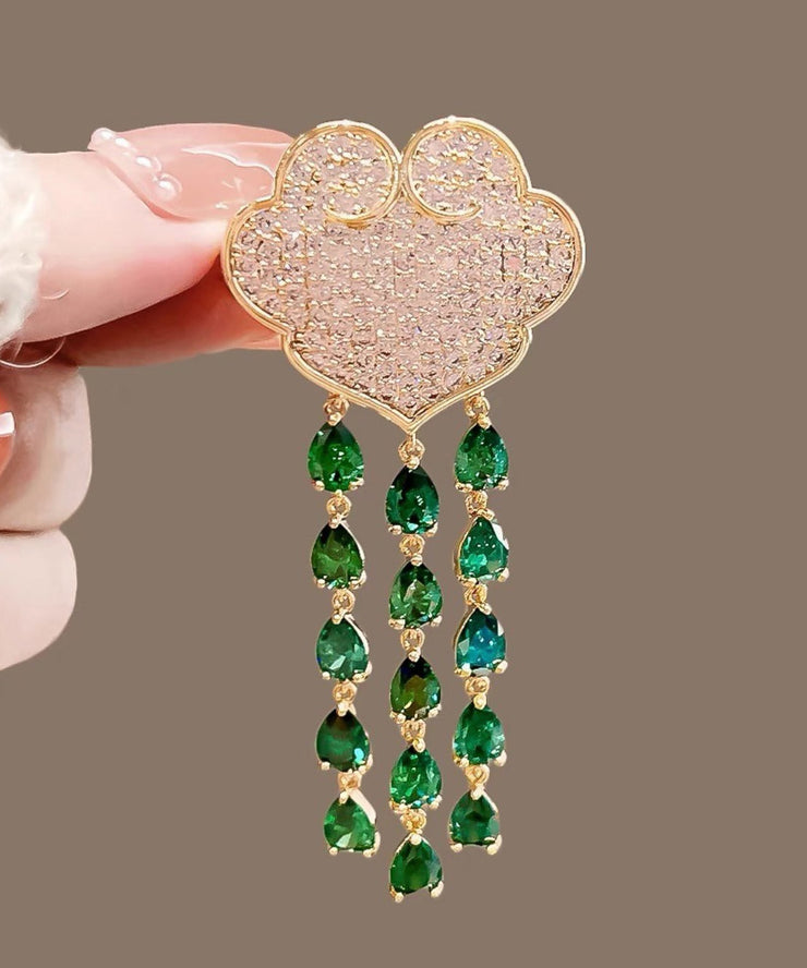 Chic Green Alloy Auspicious Clouds Crystal Tassel Brooch