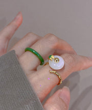 Chic Green And White Jade Bamboo Joint Ping Buckle Rings Two Piece Set