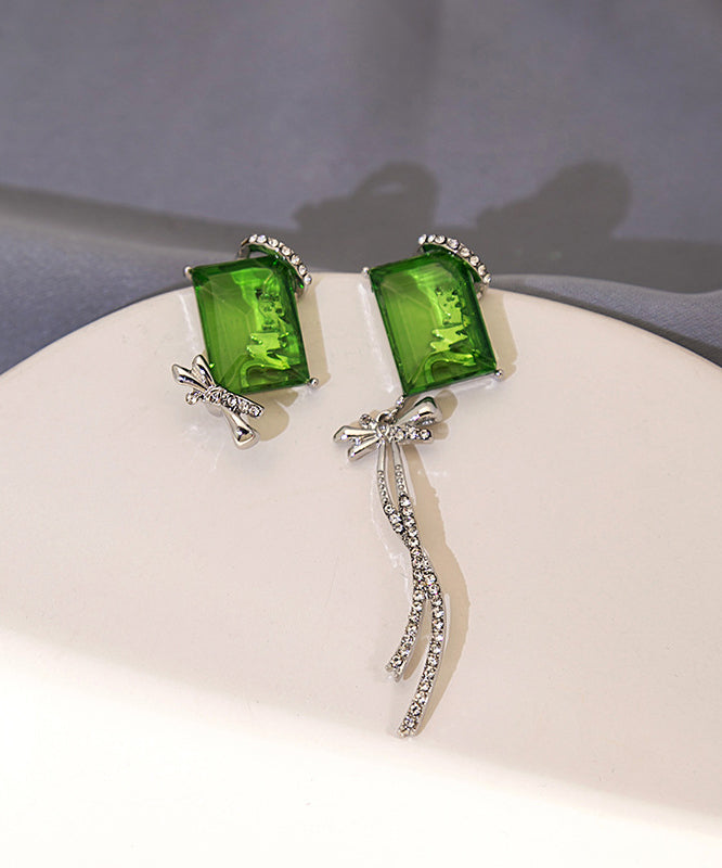 Chic Green Asymmetrical Copper Zircon Gem Stone Butterfly Bow Tassel Drop Earrings