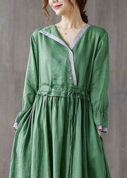 Chic Green Asymmetrical Design Tie Waist Cotton Holiday Dress Spring