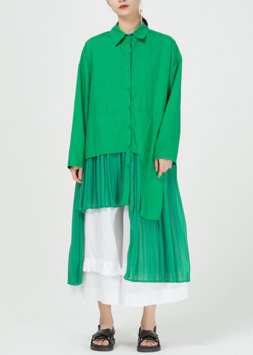 Chic Green Asymmetrical Patchwork Cotton Shirts Dresses Spring