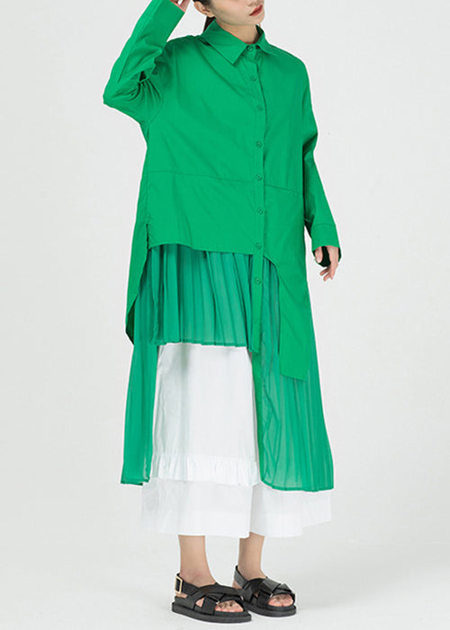 Chic Green Asymmetrical Patchwork Cotton Shirts Dresses Spring