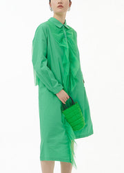 Chic Green Asymmetrical Tulle Patchwork Ruffles Cotton Shirt Dress Spring