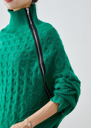 Chic Green Asymmetrical Zippered Knit Short Sweater Fall