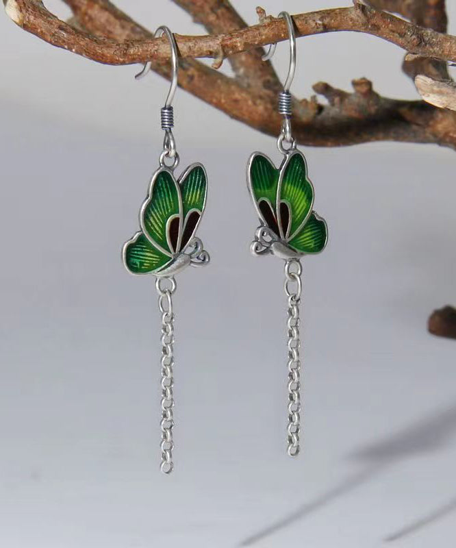 Chic Green Butterfly Patchwork Silver Drop Earrings