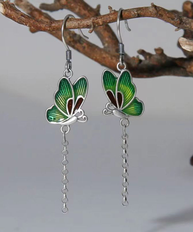 Chic Green Butterfly Patchwork Silver Drop Earrings