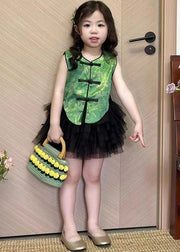 Chic Green Button Tops And Black Skirts Girls Two Pieces Set Sleeveless