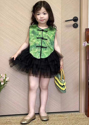 Chic Green Button Tops And Black Skirts Girls Two Pieces Set Sleeveless