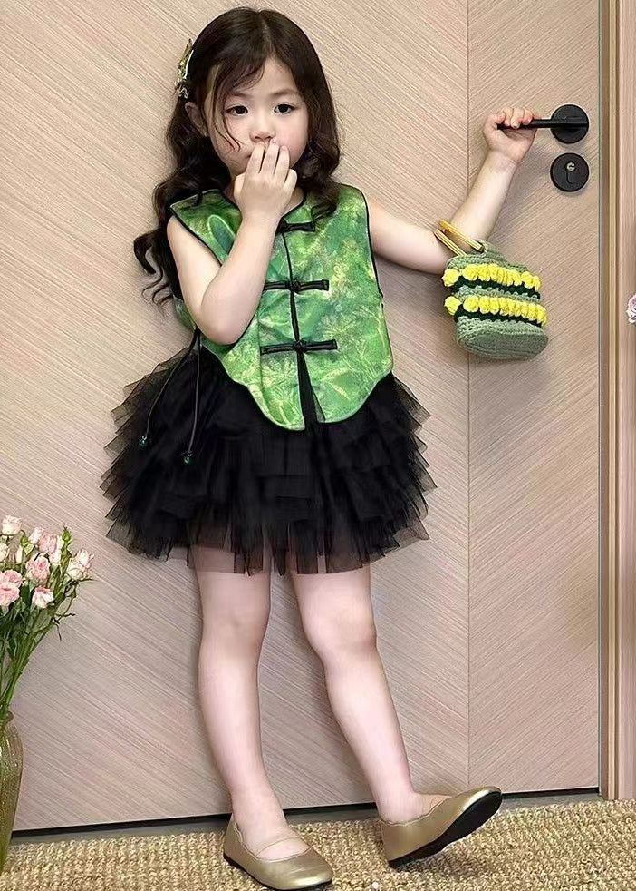 Chic Green Button Tops And Black Skirts Girls Two Pieces Set Sleeveless