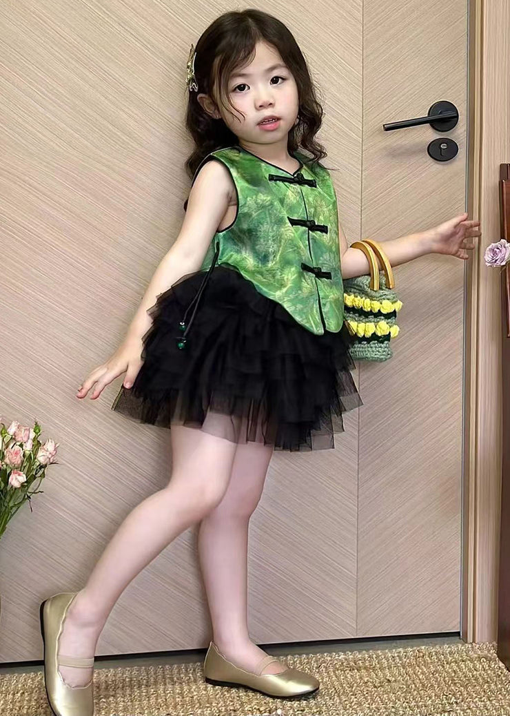 Chic Green Button Tops And Black Skirts Girls Two Pieces Set Sleeveless