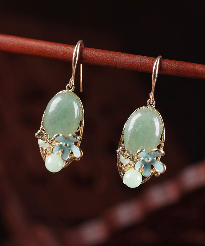 Chic Green Copper Pearl Jade Cloisonne Drop Earrings