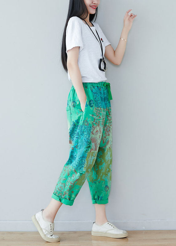 Chic Green Elastic Waist Oversized Print Cotton Harem Pants Spring