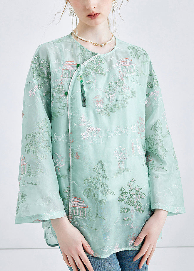 Chic Green Embroidered Button Chiffon 2 Piece Outfit Spring