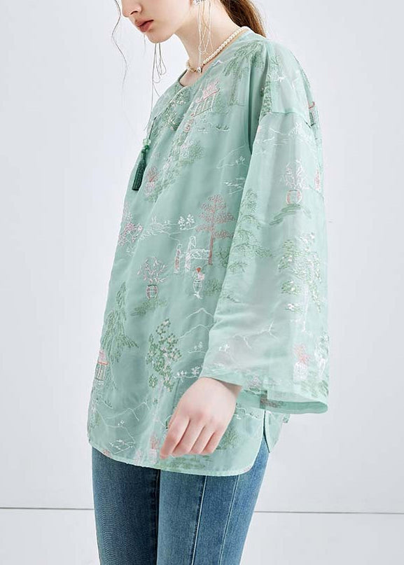 Chic Green Embroidered Button Chiffon 2 Piece Outfit Spring