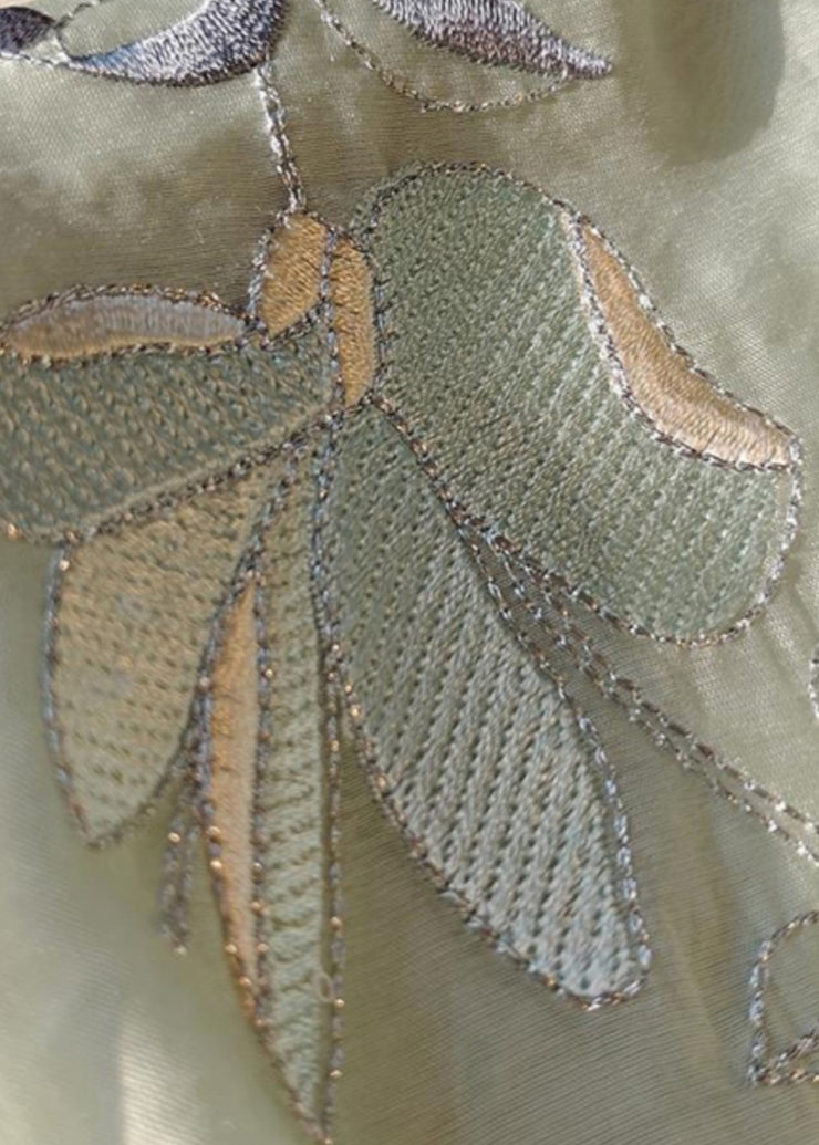 Chic Green Embroidered Side Open Linen Shirt Bracelet Sleeve