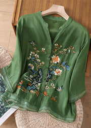 Chic Green Embroidered Button Patchwork Linen Top Bracelet Sleeve