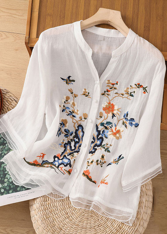 Chic White-ink flowers Embroidered Button Patchwork Linen Top Bracelet Sleeve