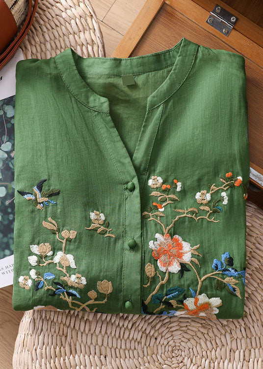 Chic dark green Embroidered Button Patchwork Linen Top Bracelet Sleeve
