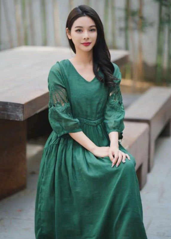 Chic Green Embroideried Hollow Out Patchwork Linen Dresses Summer