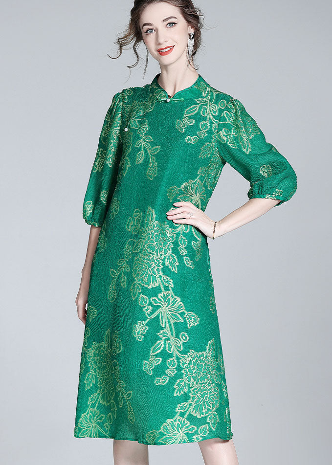 Chic Green Embroideried Patchwork Chinese Button Silk Dresses Summer