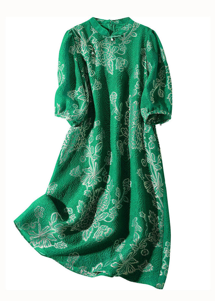 Chic Green Embroideried Patchwork Chinese Button Silk Dresses Summer