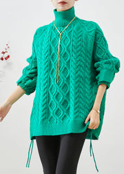 Chic Green High Neck Thick Patchwork Knit Sweaters Winter