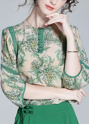 Chic Green Lace Patchwork Button Silk Top Spring