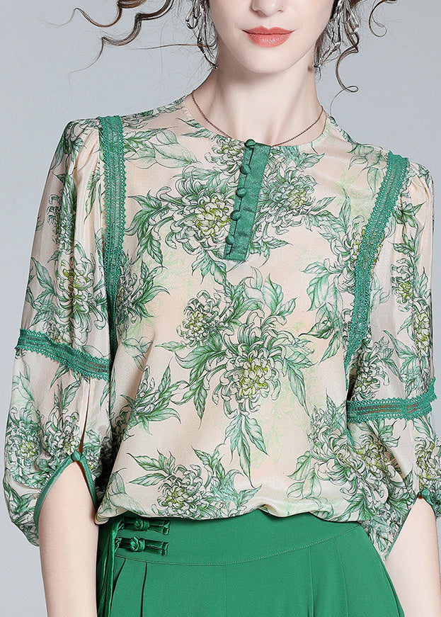 Chic Green Lace Patchwork Button Silk Top Spring