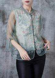 Chic Green Mandarin Collar Embroidered Tulle Shirt Tops Summer