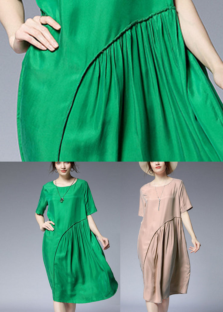 Chic Green O-Neck Asymmetrical Silk Holiday Dresses Short Sleeve