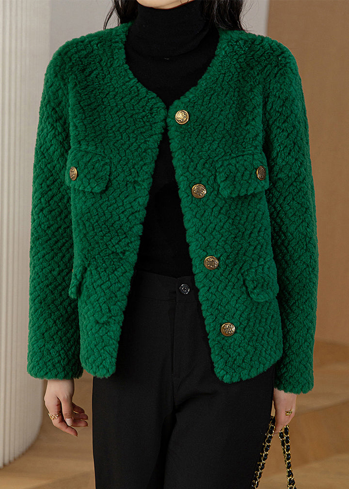 Chic Green O-Neck Button Woolen Coat Long Sleeve