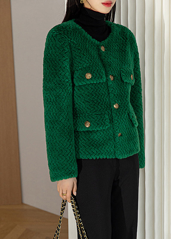 Chic Green O-Neck Button Woolen Coat Long Sleeve