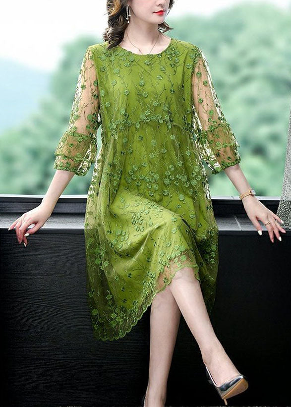 Chic Green O Neck Embroideried Patchwork Tulle Mid Dress Summer