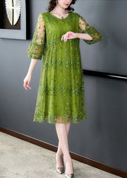 Chic Green O Neck Embroidered Patchwork Tulle Mid Dress Summer